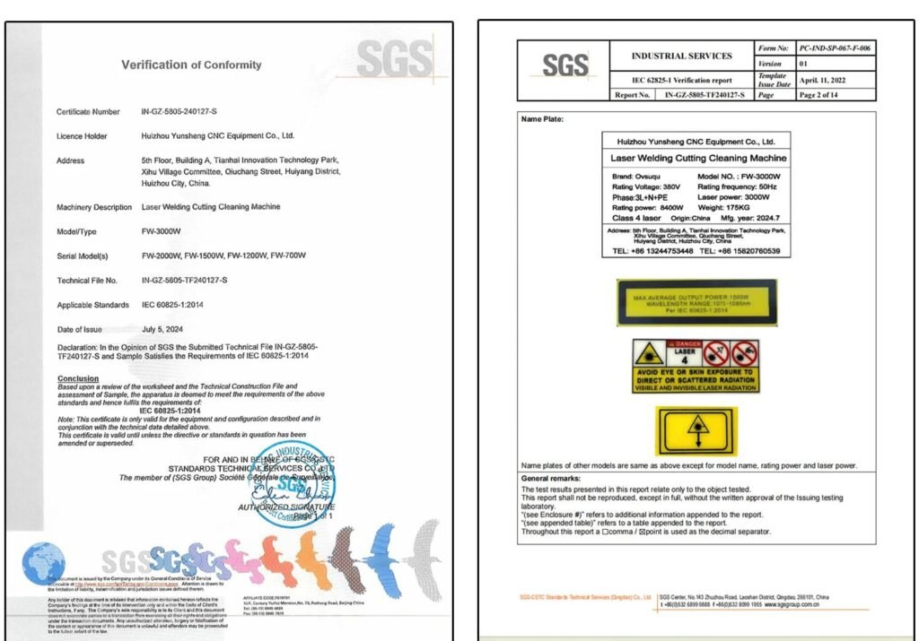 Certificates for laser welding machine