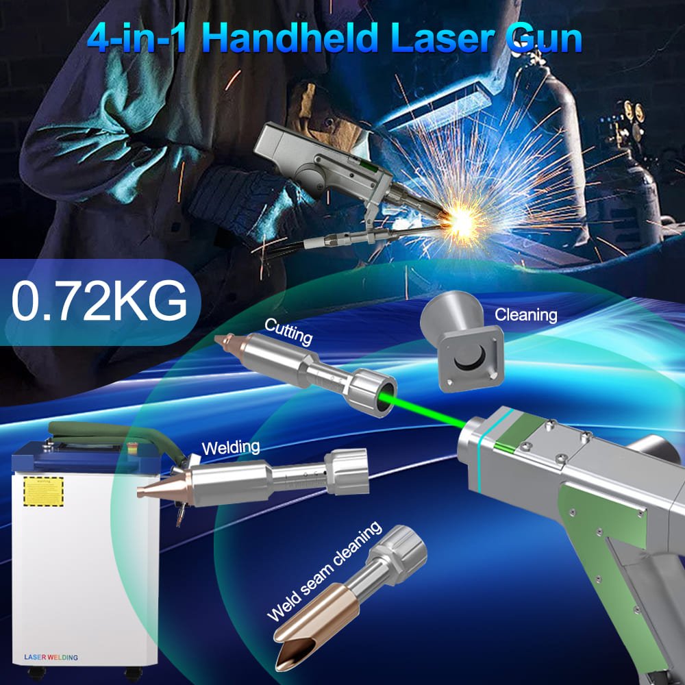 4-in-1 handheld laser welding gun with cutting, cleaning, and weld seam cleaning nozzles