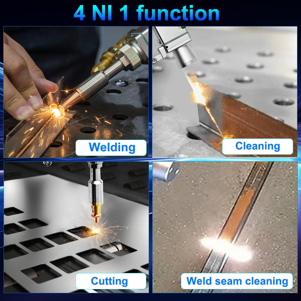 4-in-1 laser functions including welding, cutting, rust removal, and weld seam cleaning
