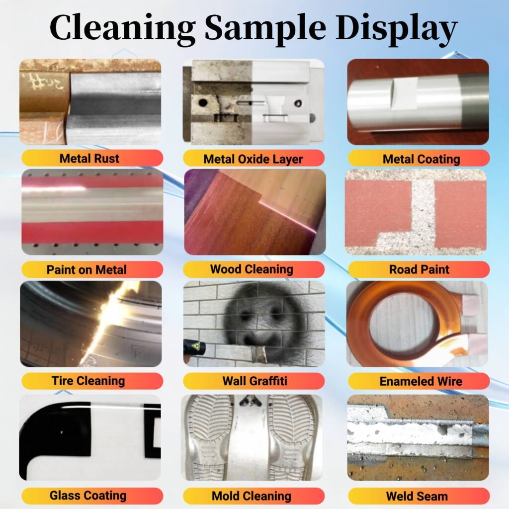 Pulsed laser cleaning machine applications for rust removal, oxide layer cleaning, paint stripping, mold cleaning and surface preparation