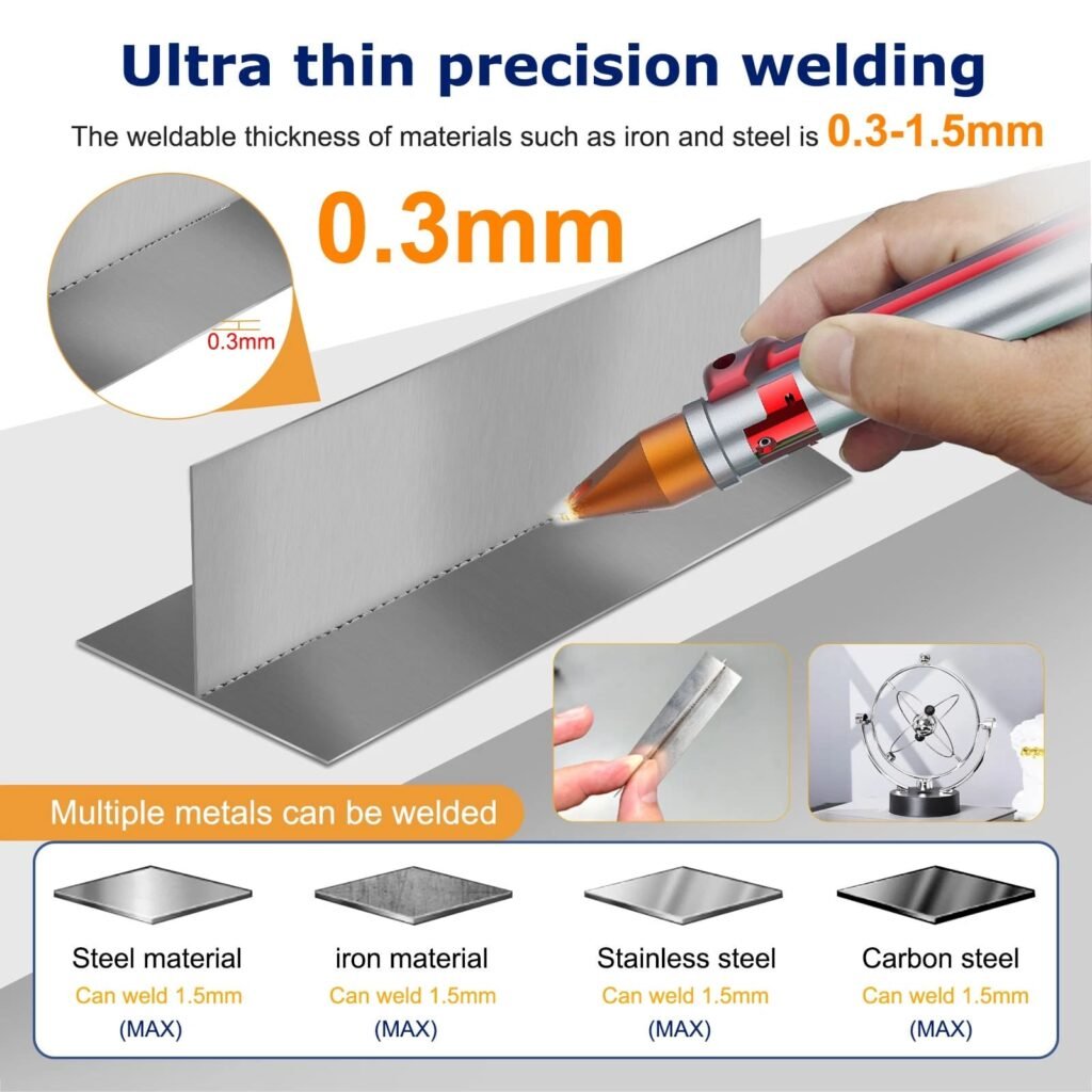 QCW fiber laser spot welding machine demonstrating 0.3mm ultra-thin precision welding on stainless steel and iron