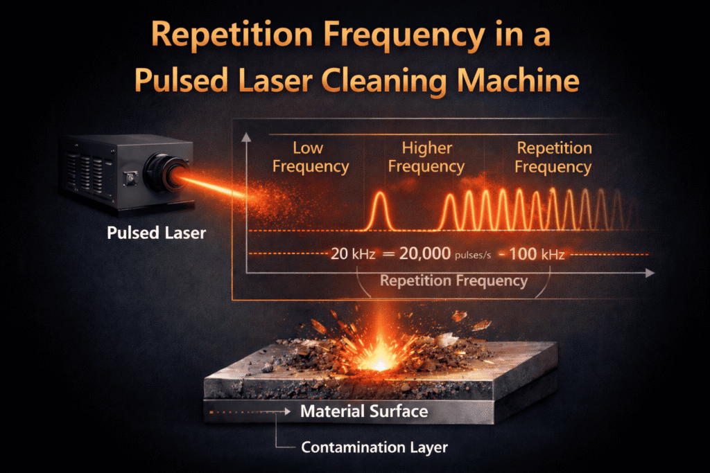 Repetition frequency of a pulsed laser cleaning machine showing low and high pulse rates
