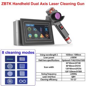 ZBTK handheld dual-axis laser cleaning gun with touch screen controller, multiple scanning modes and technical specifications
