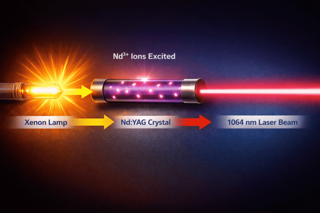 NdYAG laser working principle showing xenon lamp excitation, NdYAG crystal, and 1064 nm pulsed laser output