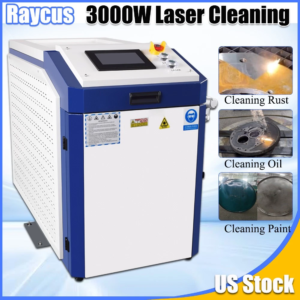 Scotle Raycus 3000W laser cleaning machine showing rust, oil and paint removal applications