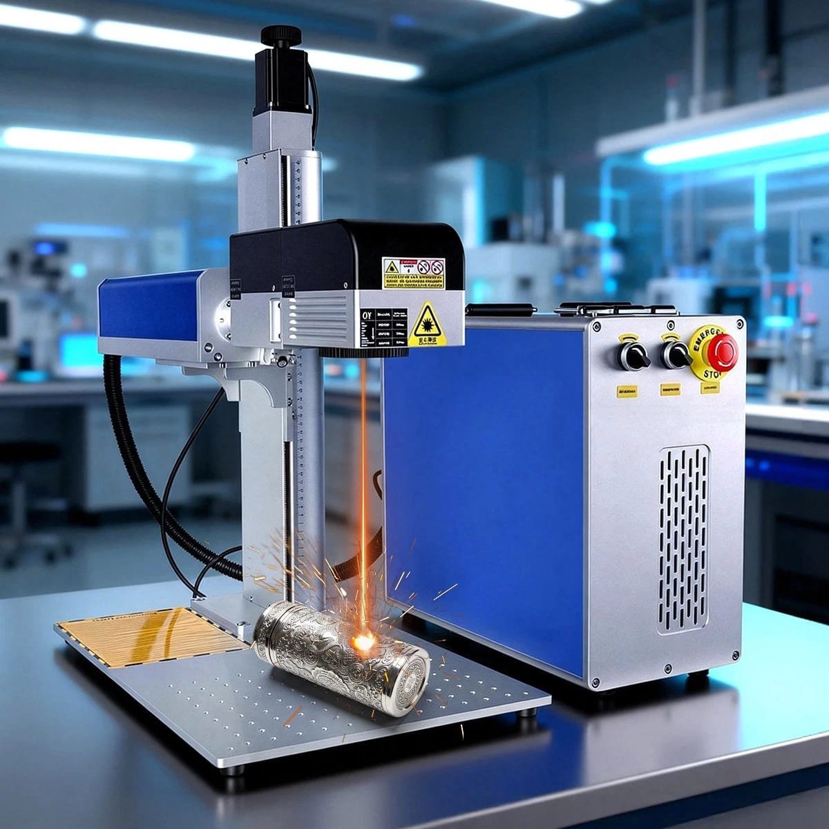 Scotle 100–300W 3D Dynamic Focus Fiber Laser Marking Machine engraving cylindrical metal part